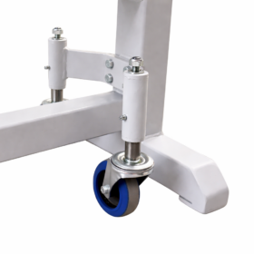 Federbelastete Hubrollen, die den Bock unbelastet anheben und sich bei Belastung absenken, sodass die Standfüße Bodenkontakt haben.