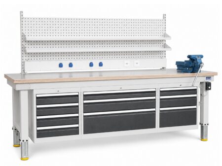 Höhenverstellbare Profi Werkbank mit Stahlplatte auf Rollen