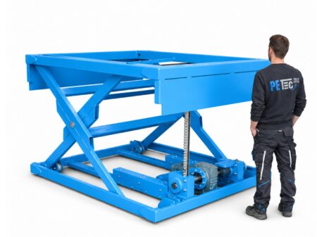 Industrie XXL Scherenhubtisch mit Kettenantrieb Giesserei auf rollt auf Schiene